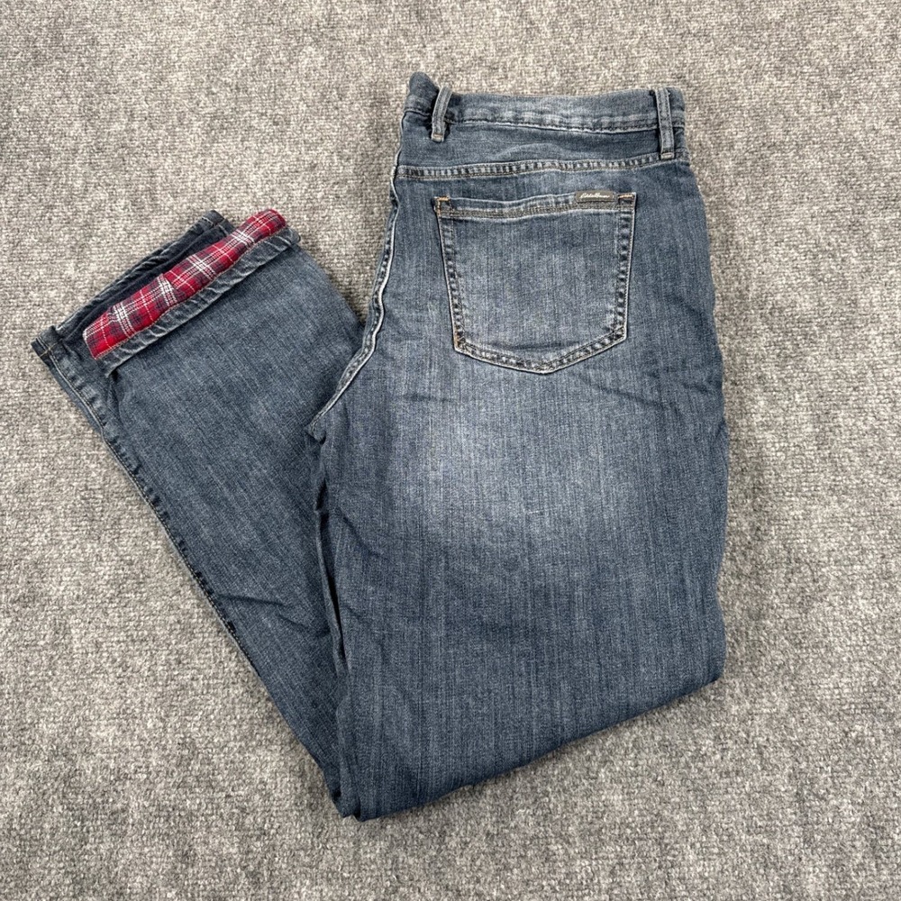 Eddie Bauer Womens 14 Plaid Flannel Lined Straight Leg Stretch Denim Blue Jeans